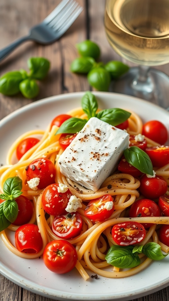 A plate of creamy feta pasta with roasted cherry tomatoes and fresh basil on a rustic wooden table.